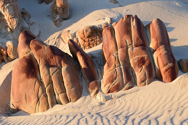 istock Rocky Formations on Sandy Betty's bay beach with Natural Textures Highlighted by sunset Shadows 2217034919