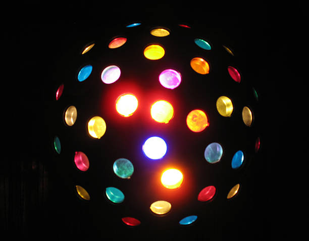 Vibrant, colorful light sphere against dark. Symbolizing party, energy, celebration, or retro style. Ideal for backgrounds, invitations, or event promos.