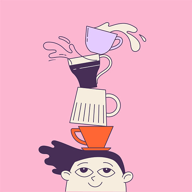 Cute vector cartoon of a person with stacked coffee mugs and cups on their head. Funny hand drawn concept illustration for posters, prints, cafe menu and other coffee themed humorous designs