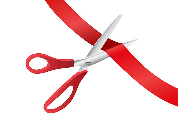 istock Grand opening ceremony. Red scissors cutting ribbon isolated on white background. Luxury event announcement, stage celebration, or business launch. Realistic vector illustration 2217041102