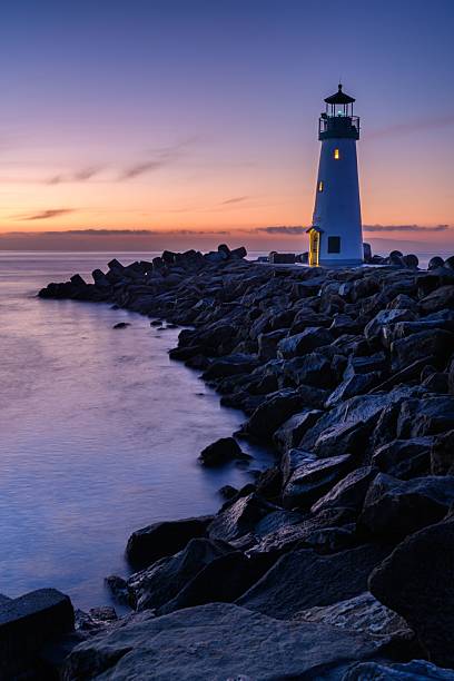 A serene lighthouse at sunset on a rocky coastline, with a vibrant sky and calm sea, creating a tranquil seascape.