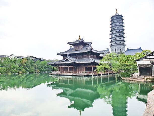 istock A serene temple complex with a pagoda reflects on a calm green lake, surrounded by lush trees and traditional architecture 2217041685