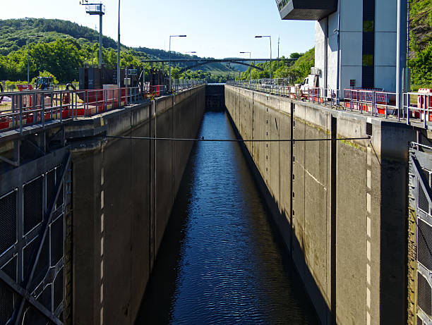 istock Narrow lock chamber reflecting blue sky on saar river on sunny day 2217048182