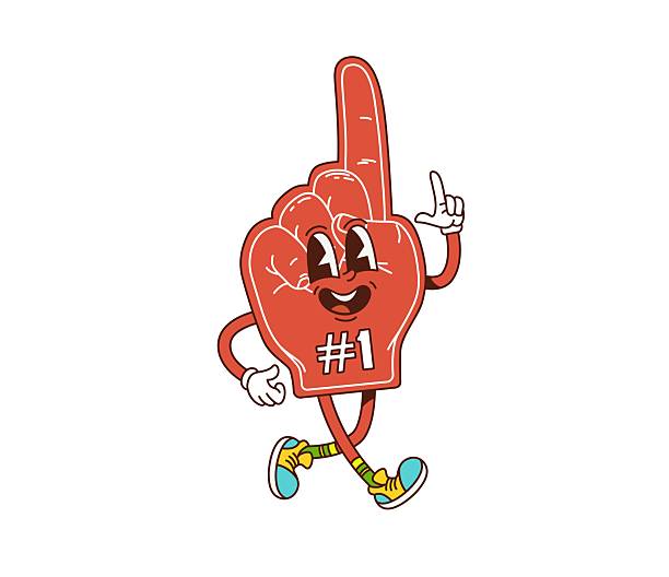Fan foam glove sport game groovy happy character. Sport game match cute funky retro vector mascot, team competition fan support cheerful vintage character. Sport club championship happy personage