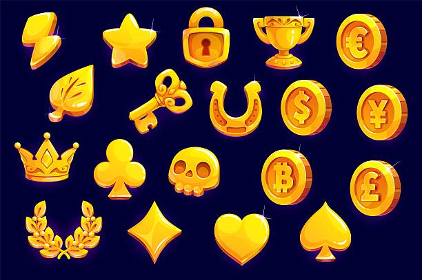 istock Golden icons game asset, gold coins, crown, key 2217058038
