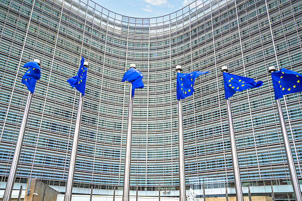 istock Brussels. European Comission building and EU flag on poles view 2217059127