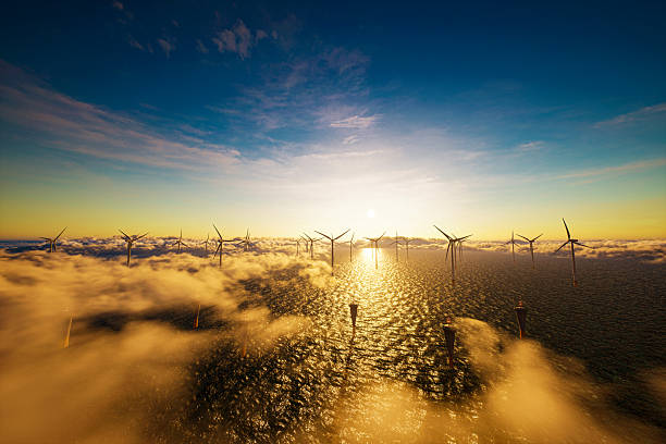 A vast offshore tidal power plant and wind turbines during sunset/sunrise/golden hour, where numerous turbines are installed in the ocean, symbolizing renewable energy generation, sustainable development, and the transition to clean power sources suggesting large-scale infrastructure and innovation in energy technology.