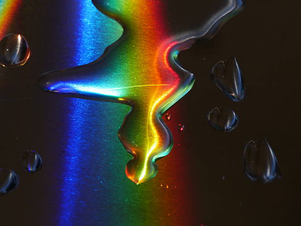 Rainbow is reflected in a puddle of water. The colors of the rainbow are vibrant and bright, creating a sense of joy and wonder. The image captures a moment of beauty and magic