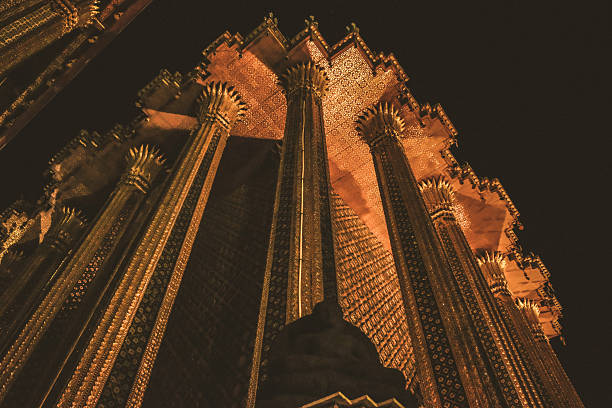 Bangkok, Thailand – Ornate architectural details of the Grand Palace illuminated at night, showcasing traditional Thai craftsmanship, golden rooftops, intricate carvings, and majestic design elements. This editorial image captures the elegance and cultural richness of one of Thailand’s most iconic historical sites during a tranquil evening atmosphere.