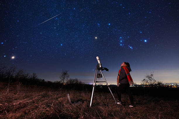 istock Amateur astronomer using telescope for watching stars, Moon, planets and other celestial objects from a field in nature. 2217067411
