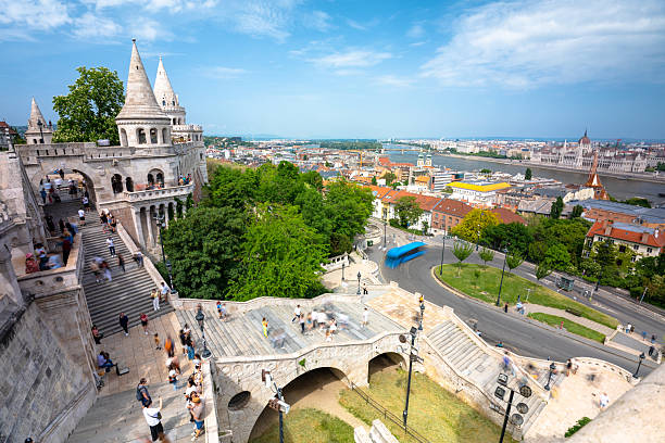 Budapest, Hungary - May 5, 2025: Breathtaking panoramic view of Budapest from Fisherman's Bastion