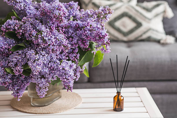 istock The aroma diffuser. Lilac-scented spring perfumes for the home in a glass bottle with chopsticks as an air freshener in the house. Aromatherapy, cozy atmosphere, comfort and relaxation. 2217068404
