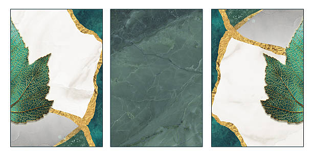 3d abstract marble art wallpaper wall decor. Drawing resin geode and abstract artwork, functional art, watercolor geode leaf painting. golden, green, turquoise shapes on gray background