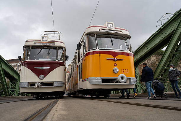 Budapest, Hungary - October 6, 2024: Colorful retro trams lined up for visitors to explore