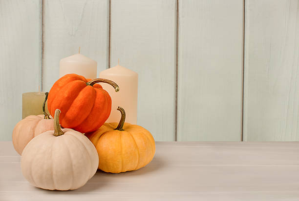 istock halloween pumpkins on wooden table with space for text on white wall background 2217069276