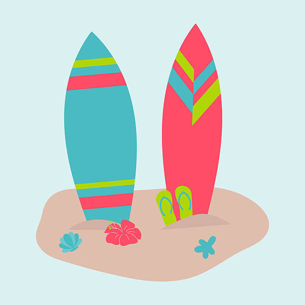 istock A vivid illustration with two colorful surfboards standing vertically on the sand, a pair of green flip-flops, a red hibiscus flower and small blue tropical plants, 2217069897