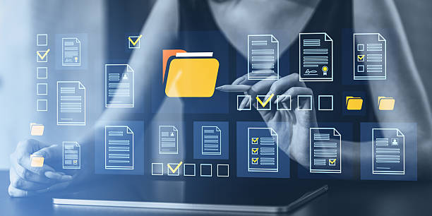 istock Digital document management system with virtual folders and files on futuristic screen. 2217074144