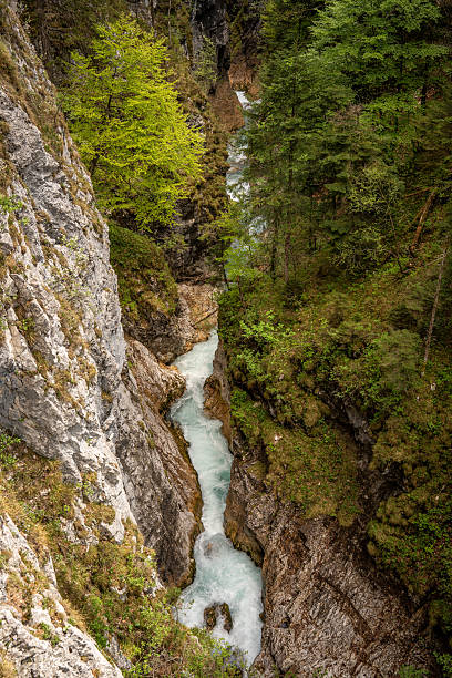 istock Dramatic Narrow Canyon In Leutaschklamm Gorge: Crystal-Clear Turquoise Mountain Stream Winding Through Steep Rocky Cliffs Surrounded By Moss-Covered Walls And Lush Greenery In Tyrol, Austria 2217075071