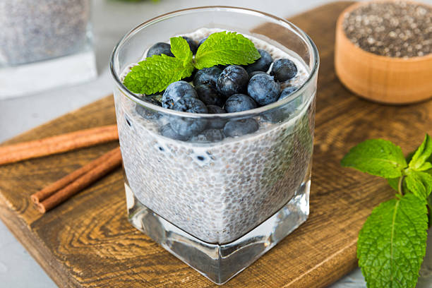 istock Healthy breakfast or morning with chia seeds vanilla pudding and blueberry berries on table background, vegetarian food, diet and health concept. Chia pudding with coconut milk and blueberry 2217075712