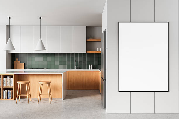 istock Modern kitchen interior with blank poster mockup on clean white wall for design presentation or branding template display concept. 3D Rendering 2217077566