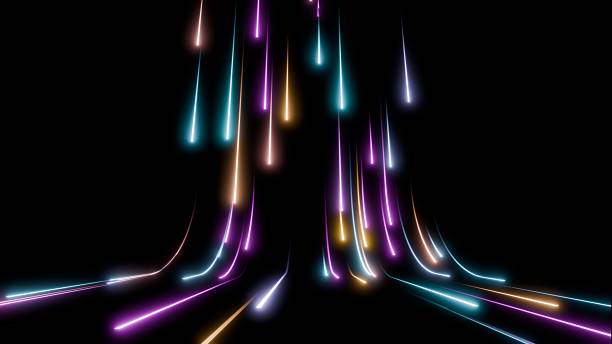 istock Curved and vertical neon streaks over black background representing futuristic light flow and digital movement 2217081108