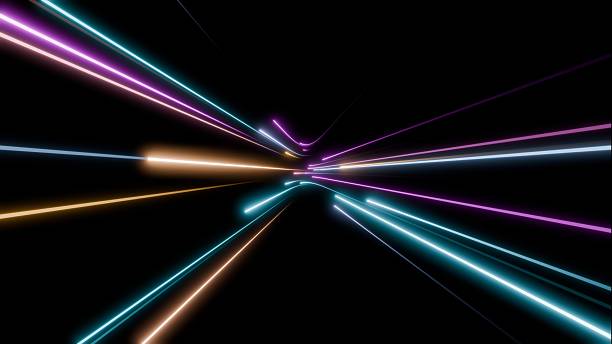 Perspective abstract motion blur of neon light trails forming radiating convergence over dark background, representing futuristic acceleration