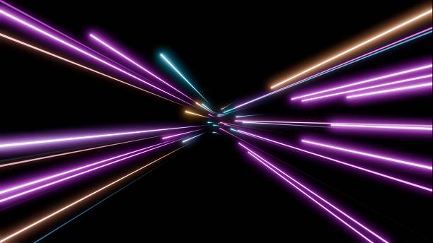 istock Colorful neon light trails radiating outward on black background, representing speed and futuristic data streams in abstract sci-fi theme 2217081179