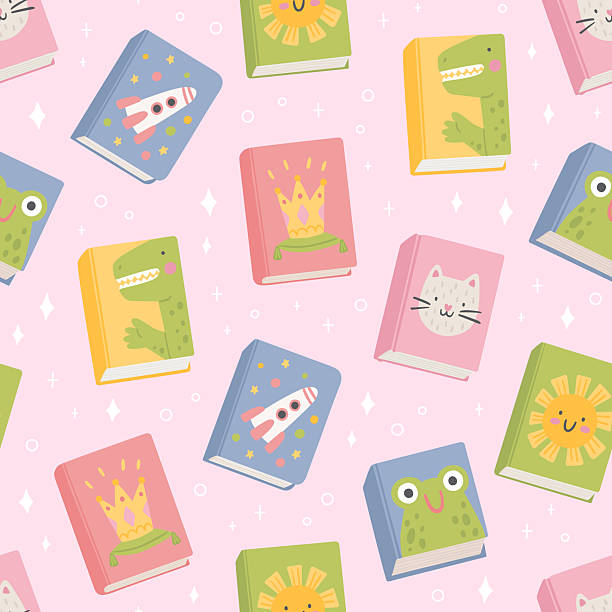 Children books. Seamless pattern for kids. Cute seamless pattern with cartoon children books. Hand-drawn texture with different books covers. Vector background for wrapping paper or textile picture book stock illustrations