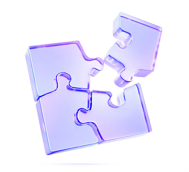 3d glass holographic puzzle pieces render icon. Jigsaw toy elements for connection, logical thinking, creative solutions. Crystal gradient game parts for teamwork and collaboration. 3D illustration