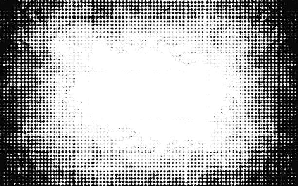 Vector halftone background with circular smoke border vignette and grunge texture Black and white abstract frame with high contrast. vignette stock illustrations