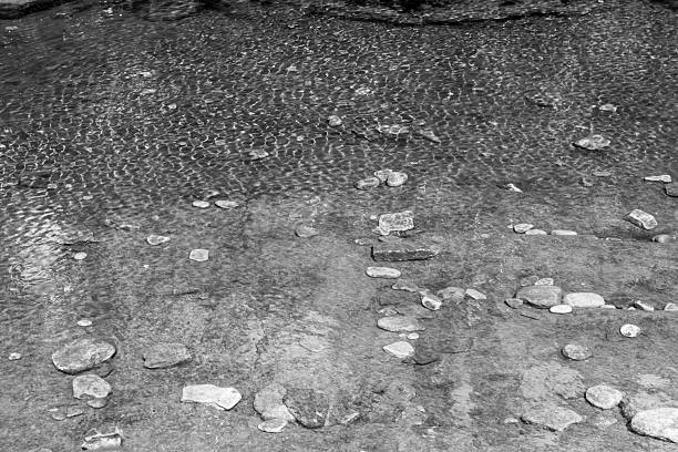 Close up view of tranquil river scene with light patterns on surface water in monotone