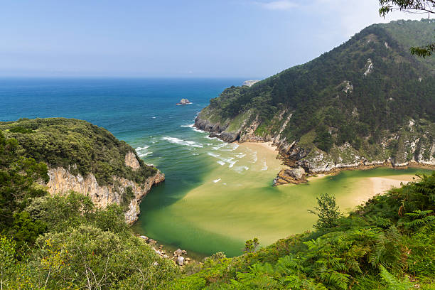 Typical landscape with Playa del Sable near Pesues, Cantabria, Spain
