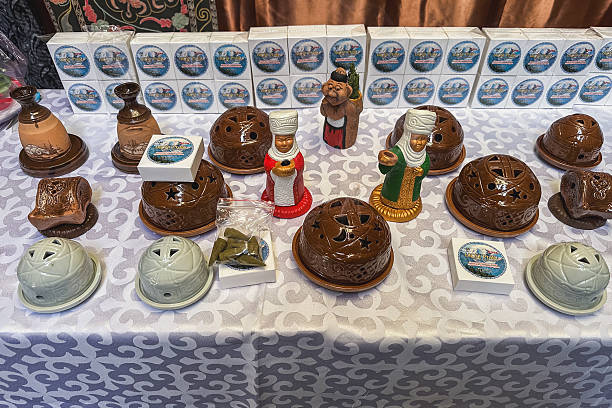 Bishkek, Kyrgyzstan - March 21, 2025: Kyrgyz handmade ceramic souvenirs at the festive fair.