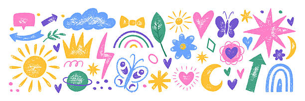 illustrations, cliparts, dessins animés et icônes de collection de doodle dessiné à la main cœur, couronne, arc-en-ciel et nuages avec texture au crayon, pastel, craie ou crayon. illustration vectorielle en couleur sur fond blanc. - enfance