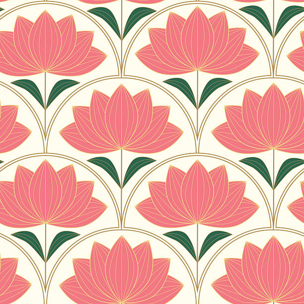 Art Deco Blush Pink Flowers seamless pattern on golden fan shapes. For wallpaper, home décor and fabric