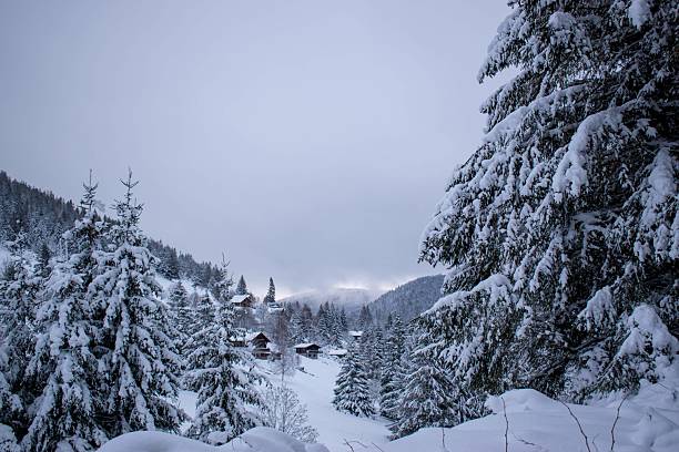 A picturesque winter scene featuring a cozy chalet covered in snow amidst a serene forest landscape. Snowflakes are gently falling, enhancing the magical ambiance. The house is decorated with warm string lights, creating a welcoming and festive atmosphere perfect for the holiday season