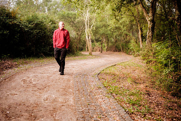 Man enjoys a peaceful walk through a tranquil forest path, surrounded by vibrant greenery