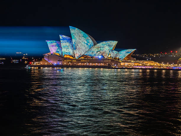 Sydney, Australia - June 1, 2016: The Sydney Opera House has an Aboriginal design projected onto its sails as part of the Vivid Sydney festival.