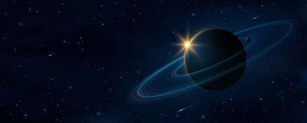 istock Abstract galaxy background. Planet Saturn with ring around and glowing sun with starry sky and falling asteroids. Black outer space backdrop for scientific presentation. Vector 2217109626