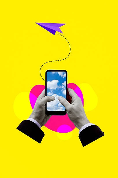 istock Trend artwork composite sketch image collage of silhouette hand hold smartphone display sky arm finger type sms message paper plane fly 2217112983