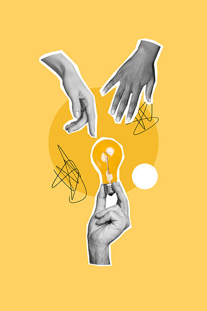 istock Vertical photo collage of people hands hold light bulb idea concept work development collaboration tactics isolated on painted background 2217113111