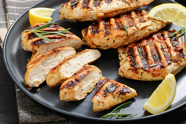 istock grilled chicken breast with lemon on a plate 2217114280