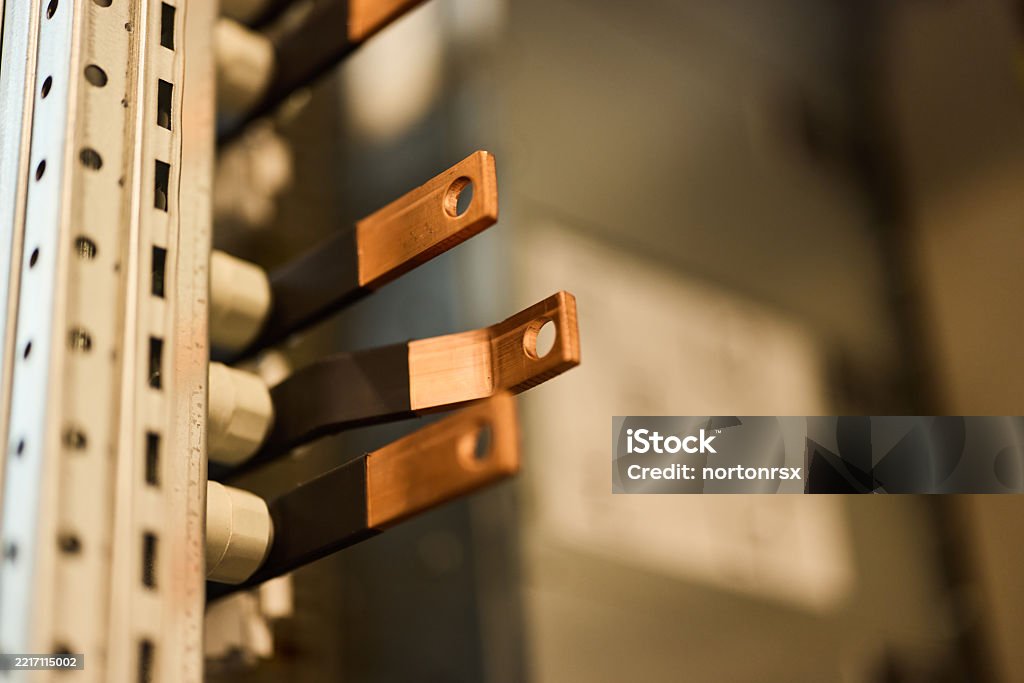 Copper Bus Closeup View Of Copper Busbars In An Electrical Power Distribution ...