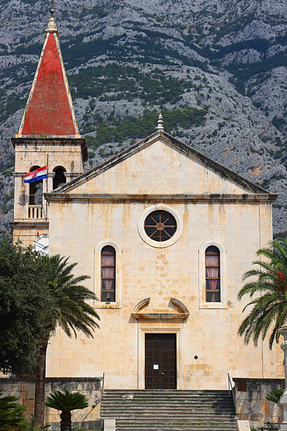 Cathedral of St. Mark and town square in Makarska, Croatia. Makarska is popular summer travel destination.