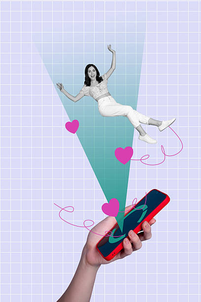istock Composite sketch image photo collage of interface internet space hologram phone display lovely woman heart date app social media fall down 2217116264