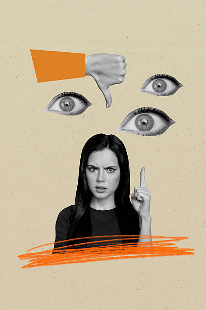 istock Trend artwork composite image photo collage of young lady think gesture finger point up hand thumb gesture down dislike many eye watch 2217116280