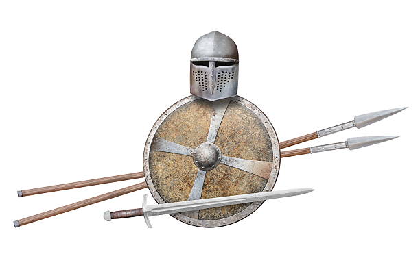 istock knight's helmet sword shield and two spears isolated on white 2217118459
