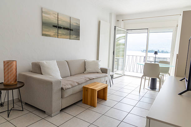 Bright Living Room with Balcony Lake View