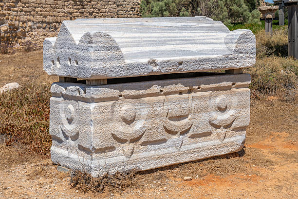 Sarcophagus with detailed carved designs at Caesarea National Park in Israel
