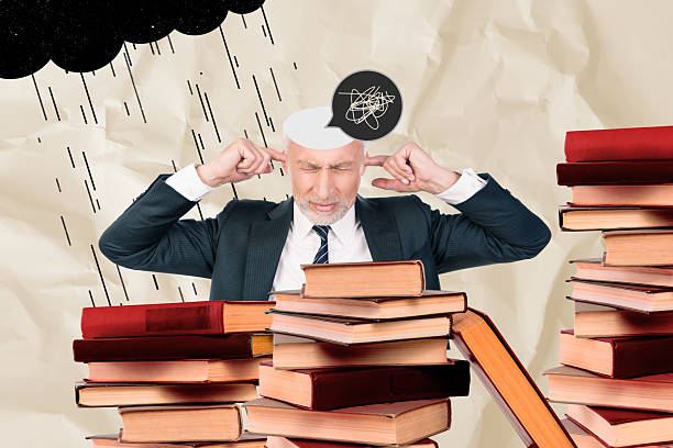 istock Trend artwork composite sketch 3D collage of copyspace library education room pile book dark cloud rain sad old man deaf lector university 2217122417